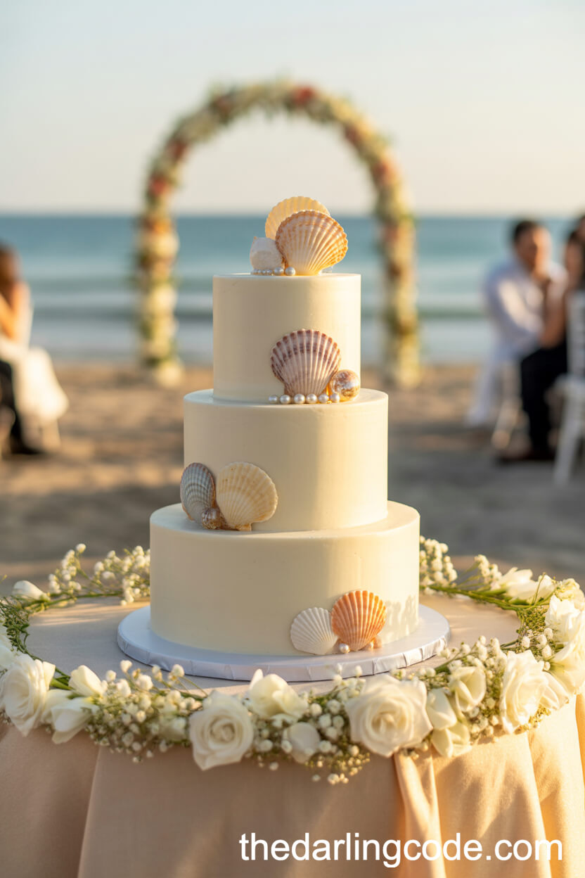 Seashell And Pearl Classic Beach Wedding Cake