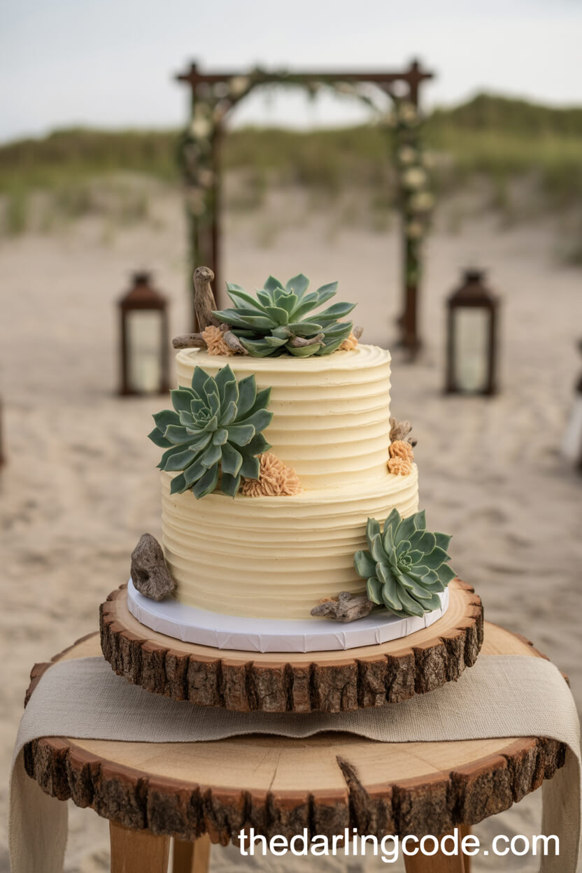 Succulent And Driftwood Rustic Beach Wedding Cake