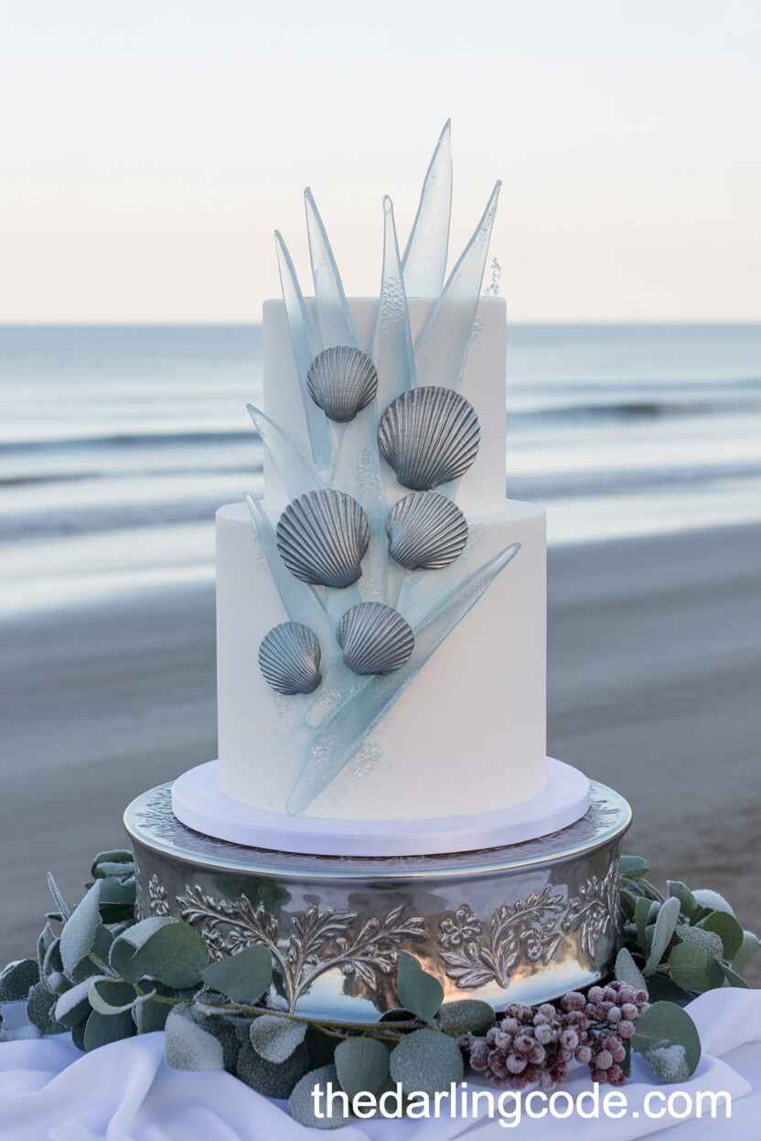 Winter Beach Wedding Cake With Silver Shells