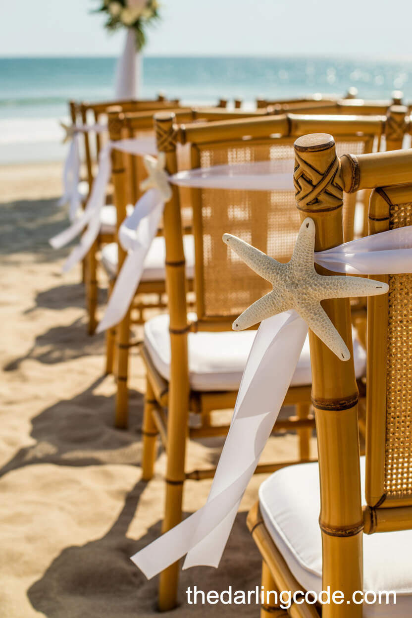 Bamboo Chairs Decorated With Starfish And Ribbons