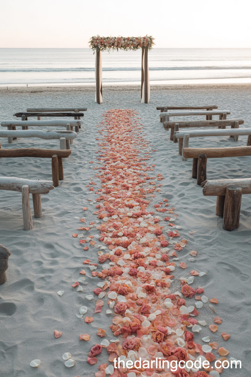 Rose Petal Aisle And Driftwood Benches