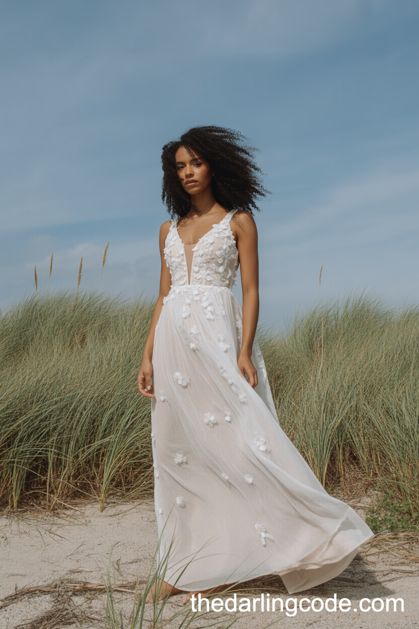 Flowy White Wedding Dress With Floral Appliqués