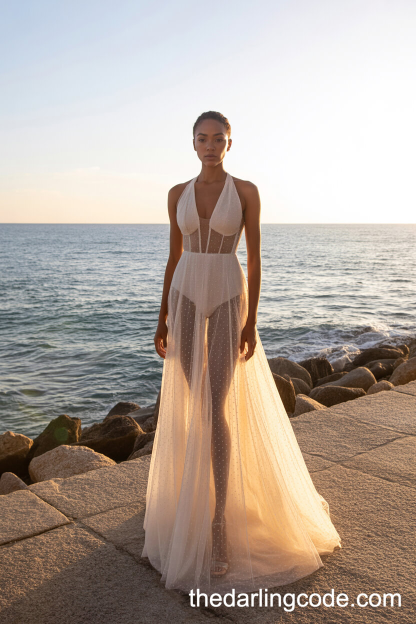Sheer-Panel Plunge Neckline Beach Wedding Dress