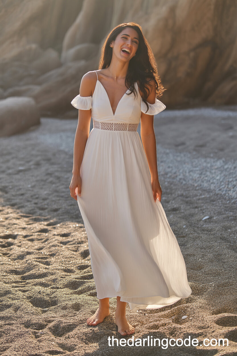 White Empire Waist Flowy Chiffon Beach Wedding Dress