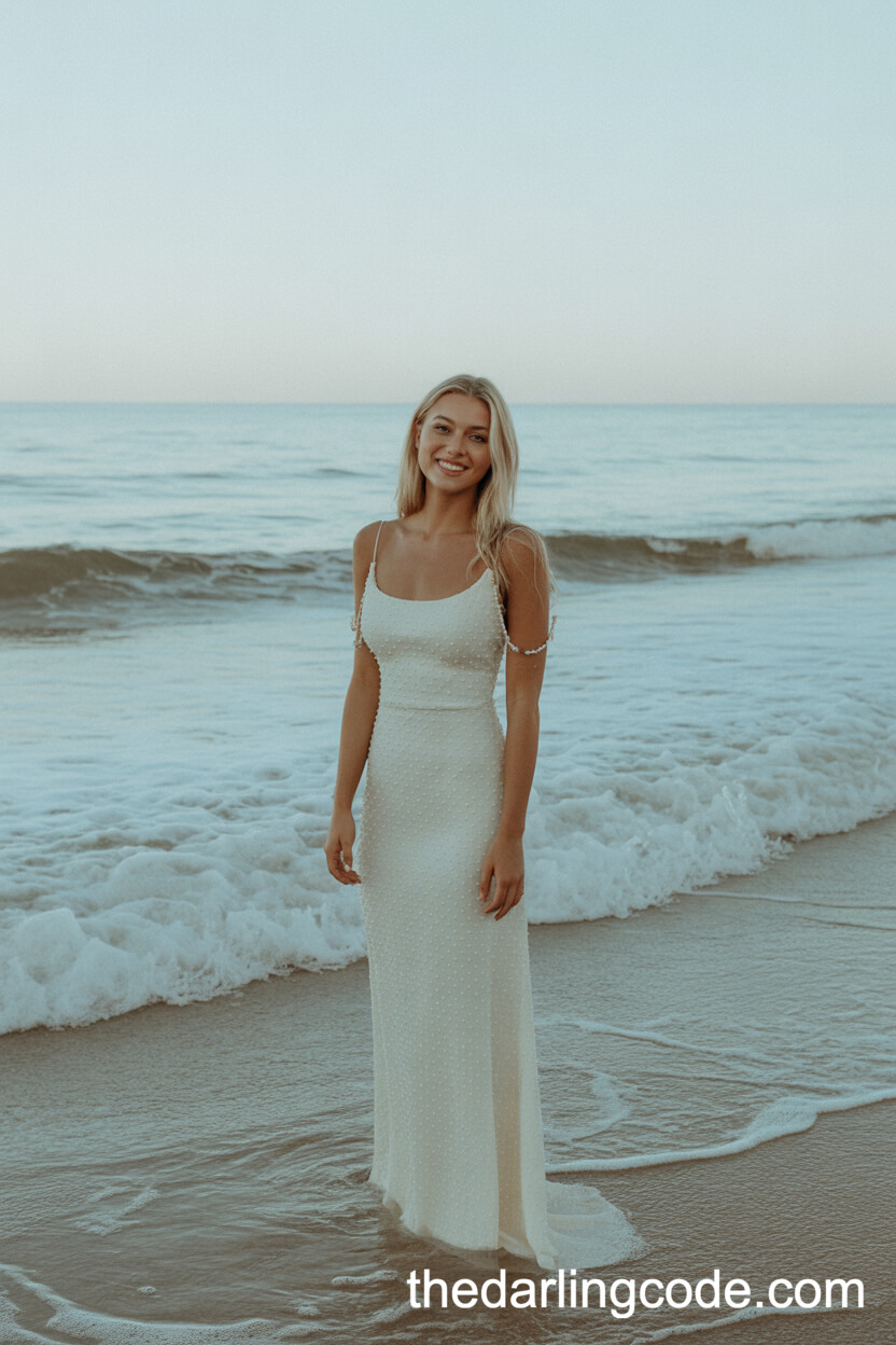 Slim Sheath Beach Wedding Dress With Pearl Accents