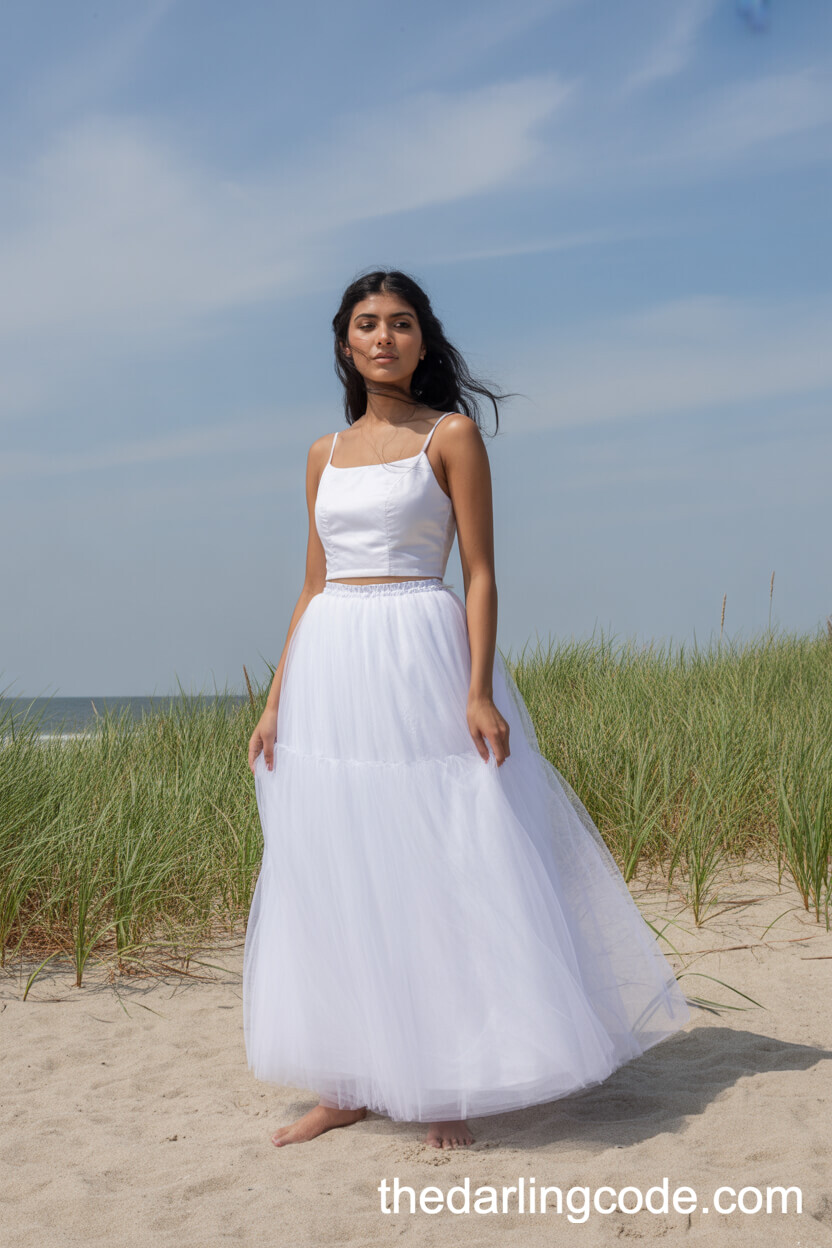 White Tulle Skirt Beach Wedding Dress With Spaghetti Straps