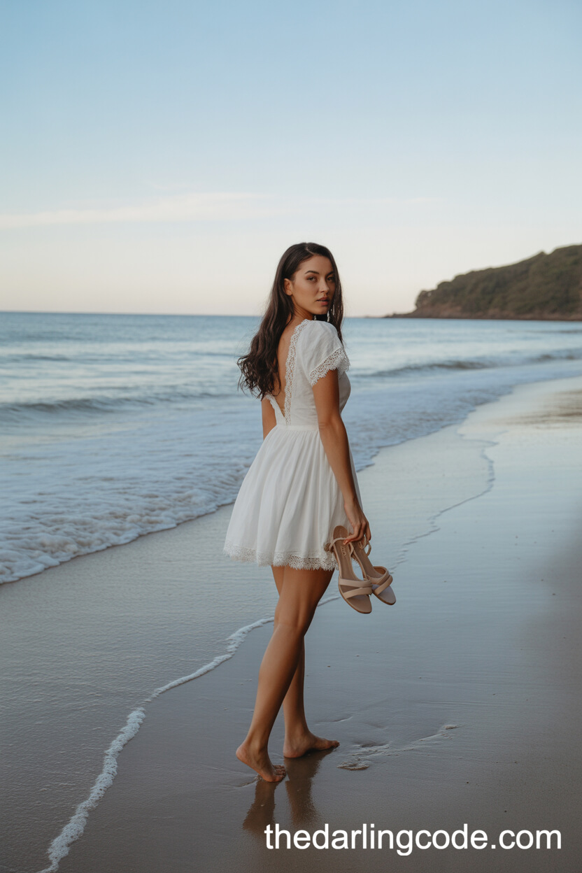 Short Playful Beach Wedding Dress With Lace Trim