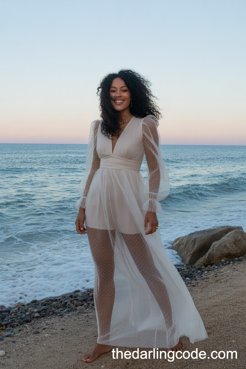 Romantic Sheer Long-Sleeve Beach Wedding Dress