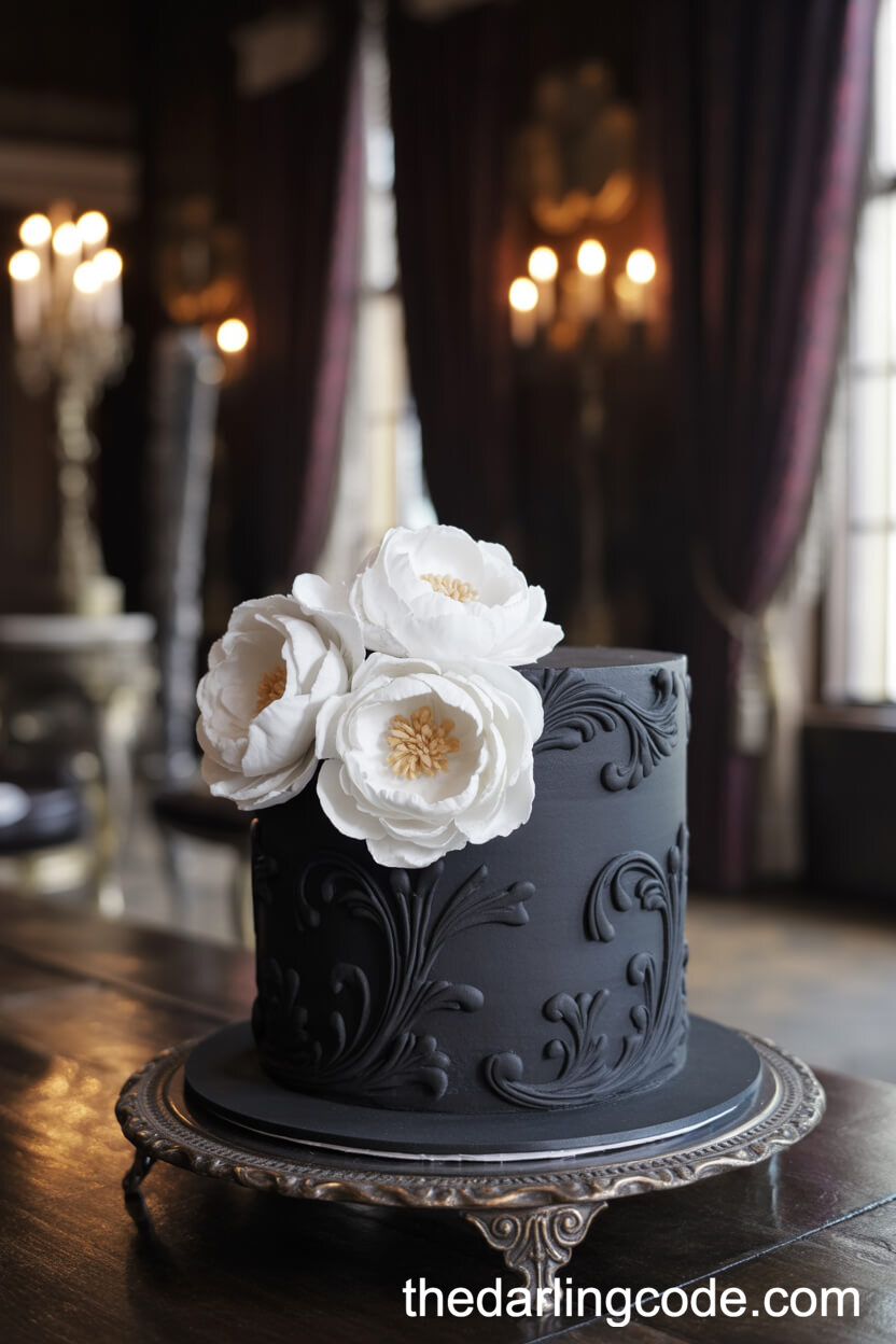 Gothic Elegance Black Cake With White Peonies