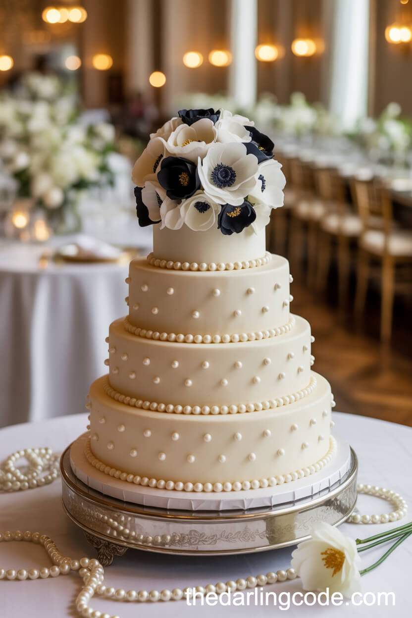 Pearl-Encrusted White Cake With Black And White Florals