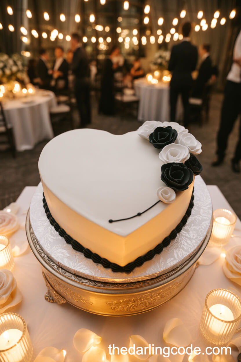 Heart-Shaped Cake With Black And White Sugar Flowers