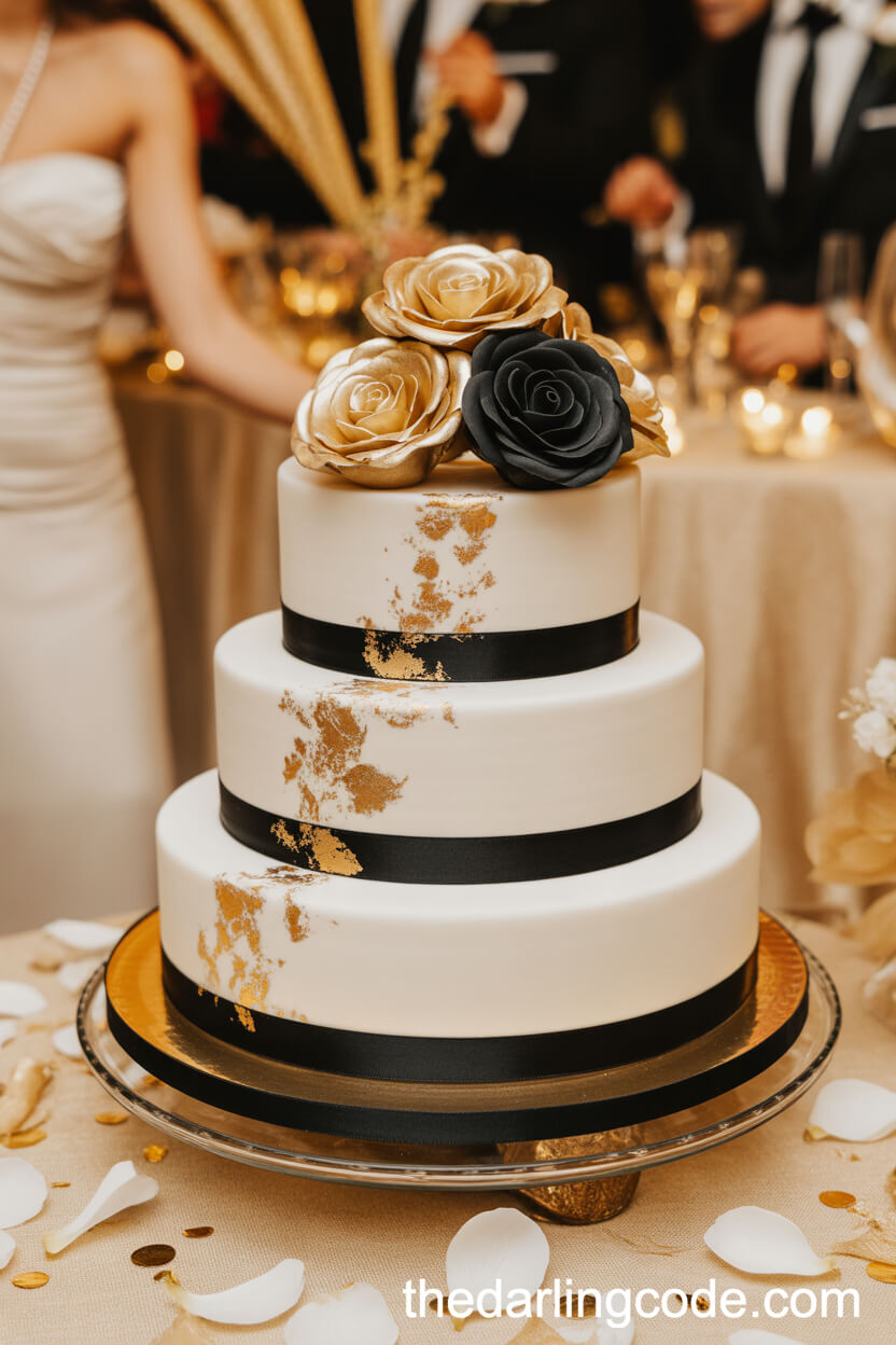 Black Satin Ribbon And Gold Leaf Wedding Cake