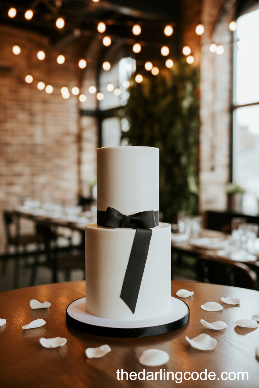 Minimalist Black Ribbon Two-Tier Wedding Cake