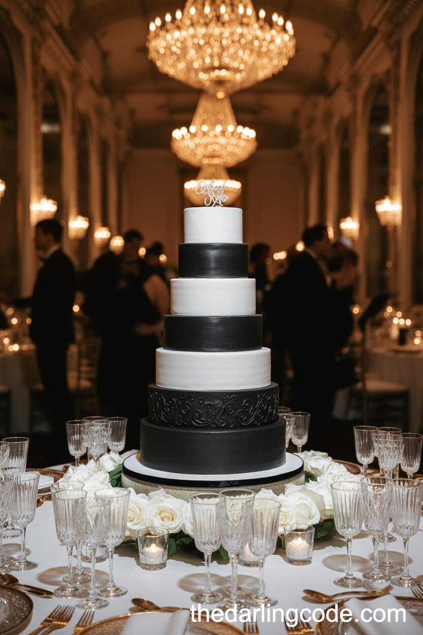 Grand Ballroom Black And White Multi-Tier Cake