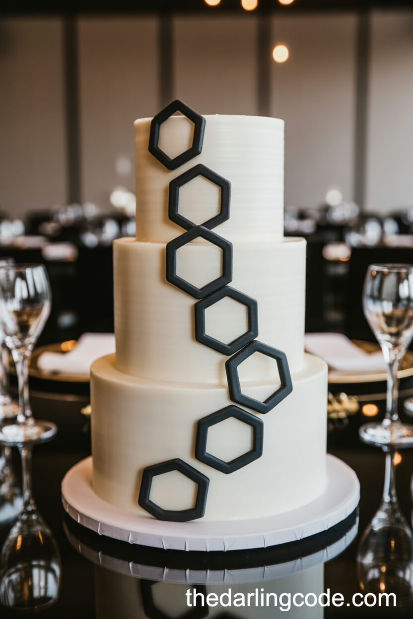 Geometric Black Hexagon White Wedding Cake