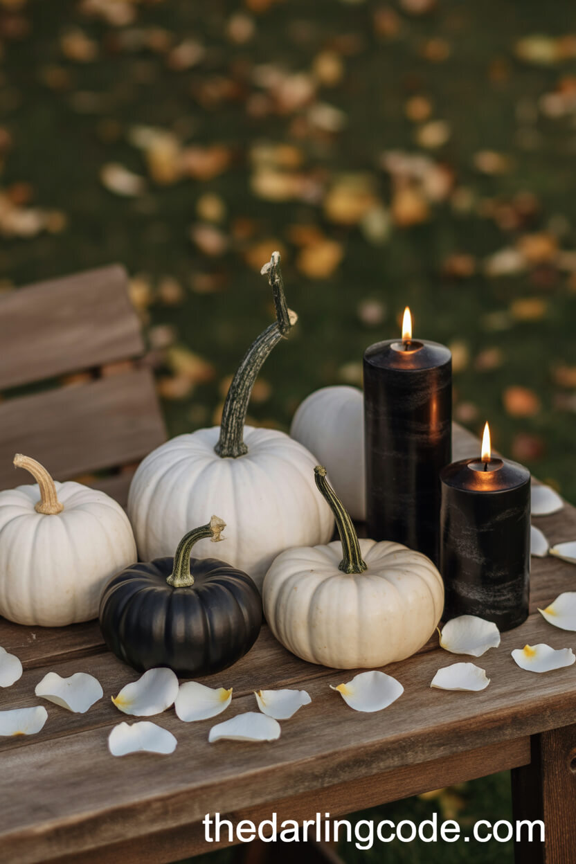 Autumn Wedding Centerpiece with Black and White Pumpkins