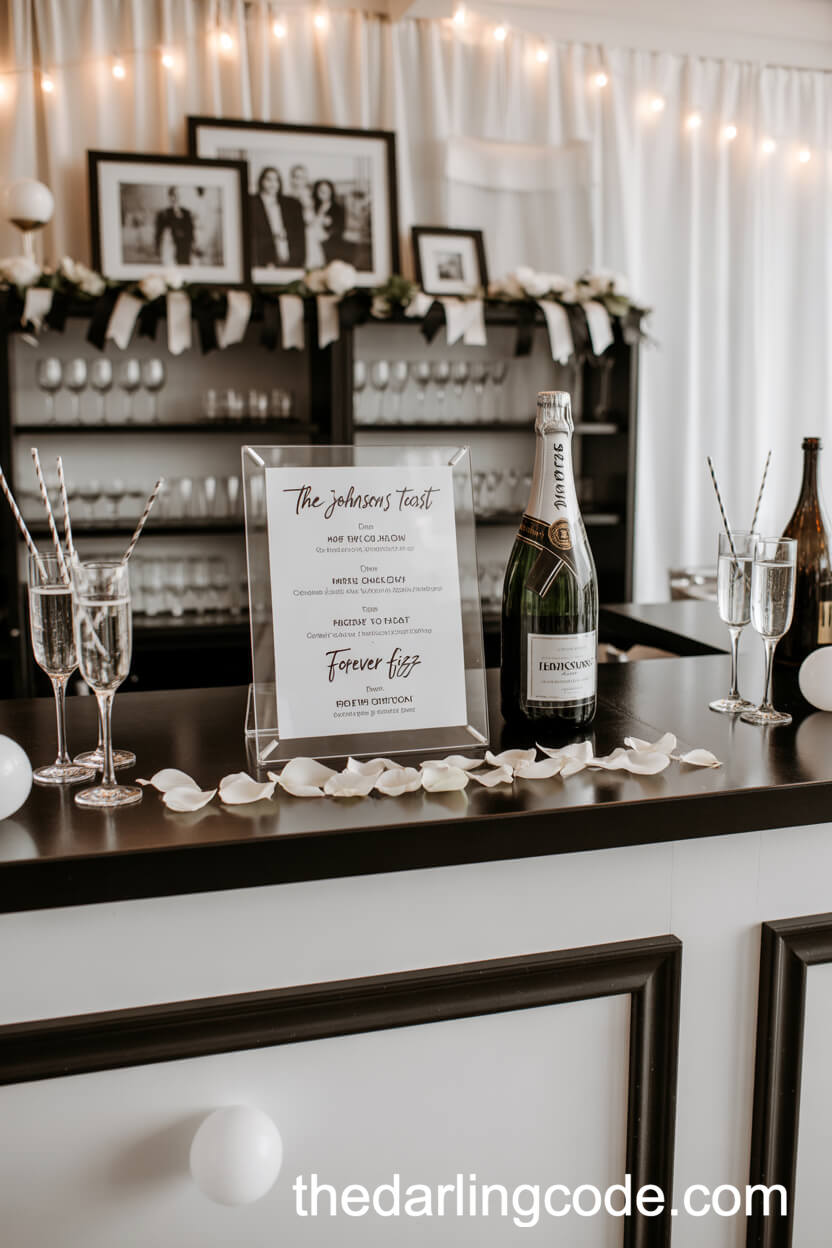 Stylish Monochrome Wedding Cocktail Bar Setup