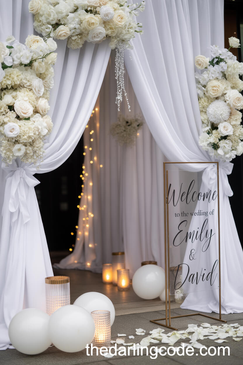 Dramatic White Floral Entryway with Black Ribbon Details
