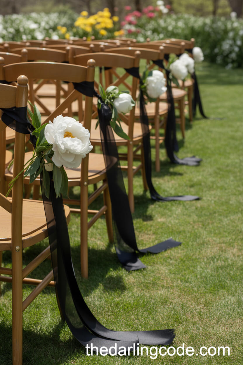 Pew End Decor with Black Ribbons and White Peonies