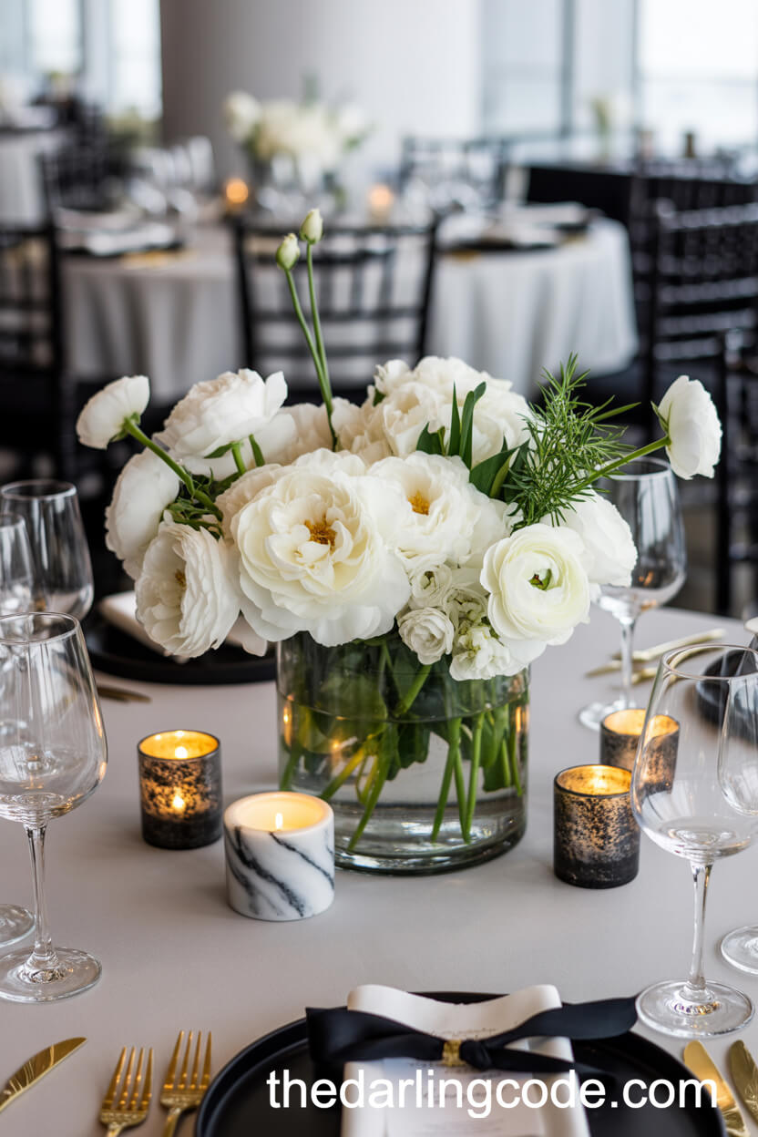 Lush White Floral Centerpieces with Gold Accents