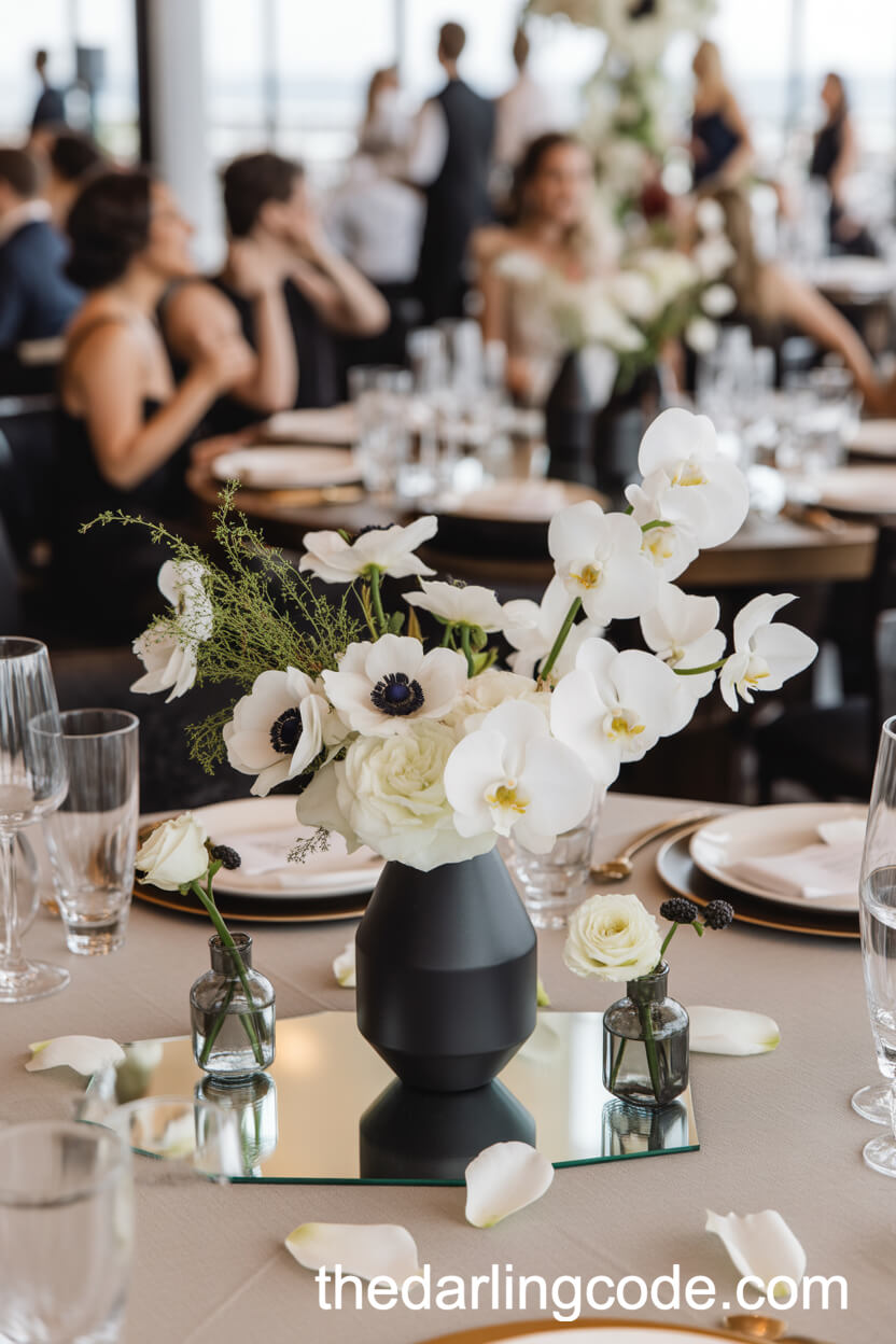Modern Black Vase Centerpieces with White Orchids
