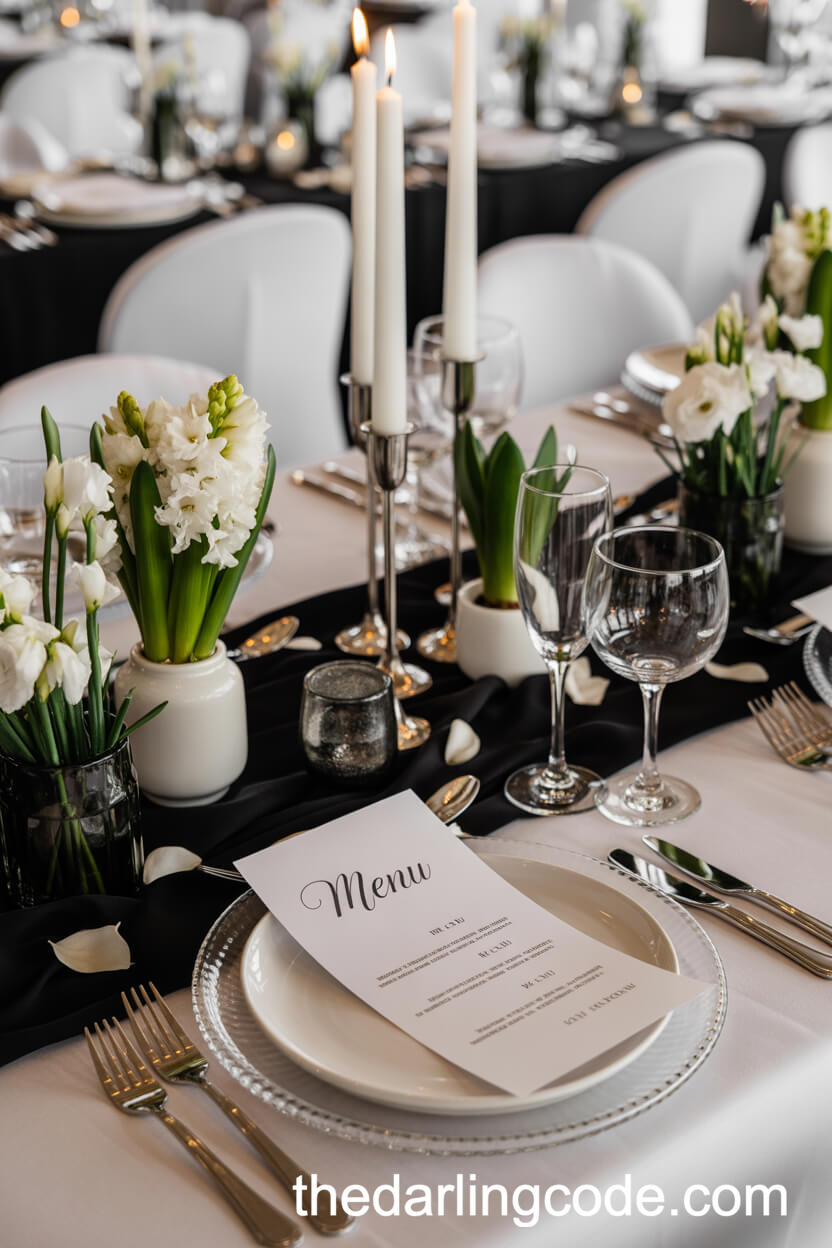 Elegant Wedding Table with Velvet Runner and Monochrome Menu