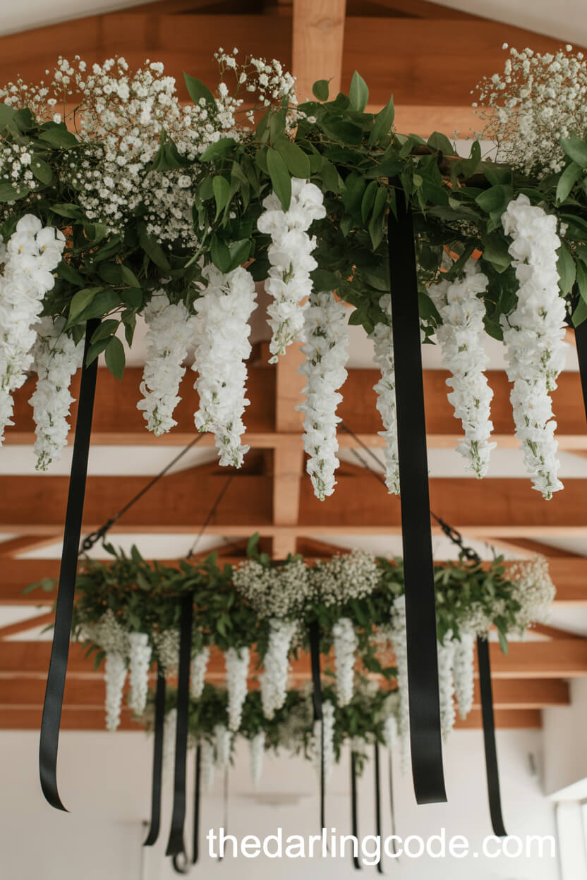 Suspended White Florals with Black Ribbon Details
