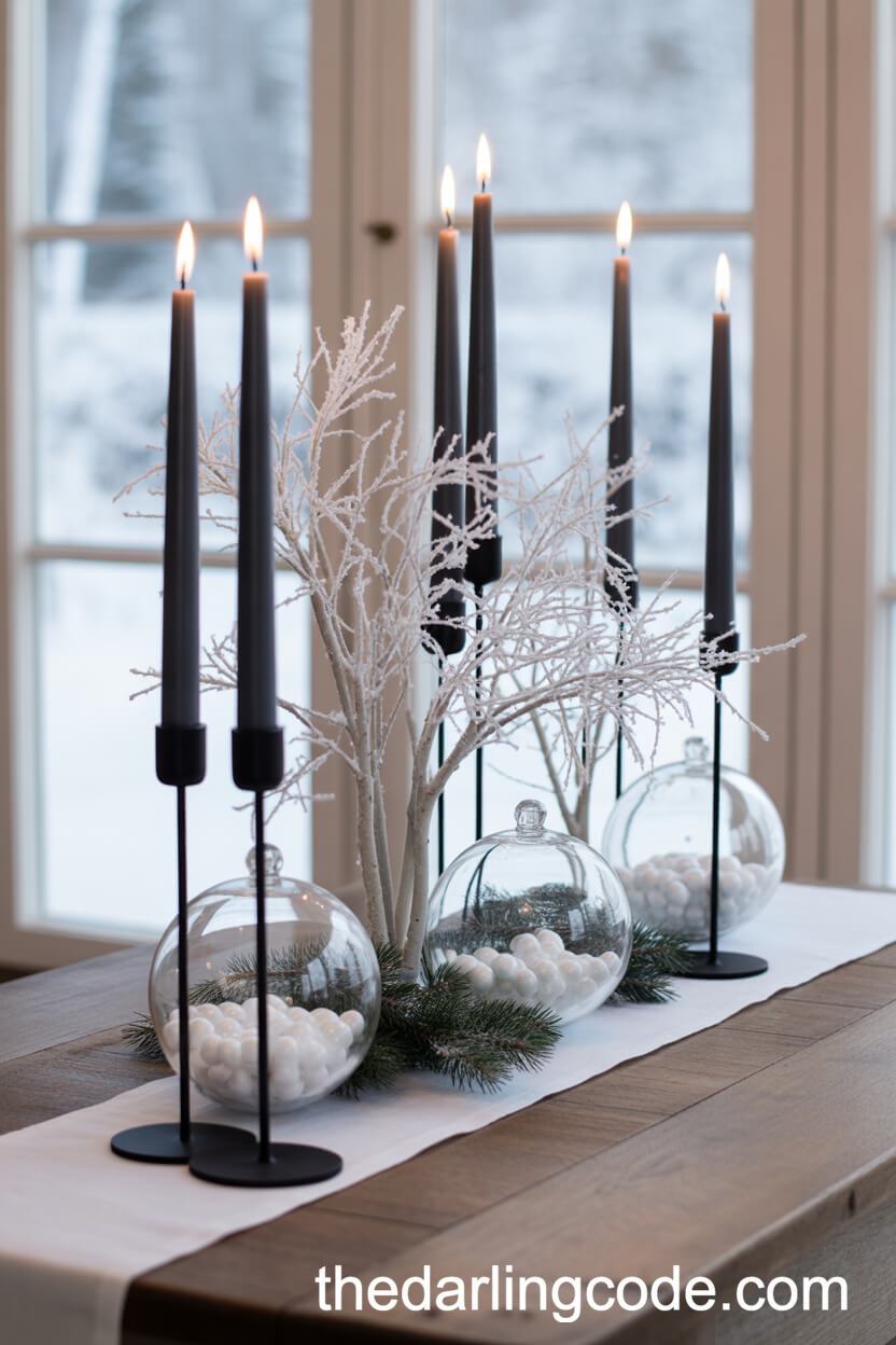 Winter Centerpiece with Black Candlesticks and Frosted Branches
