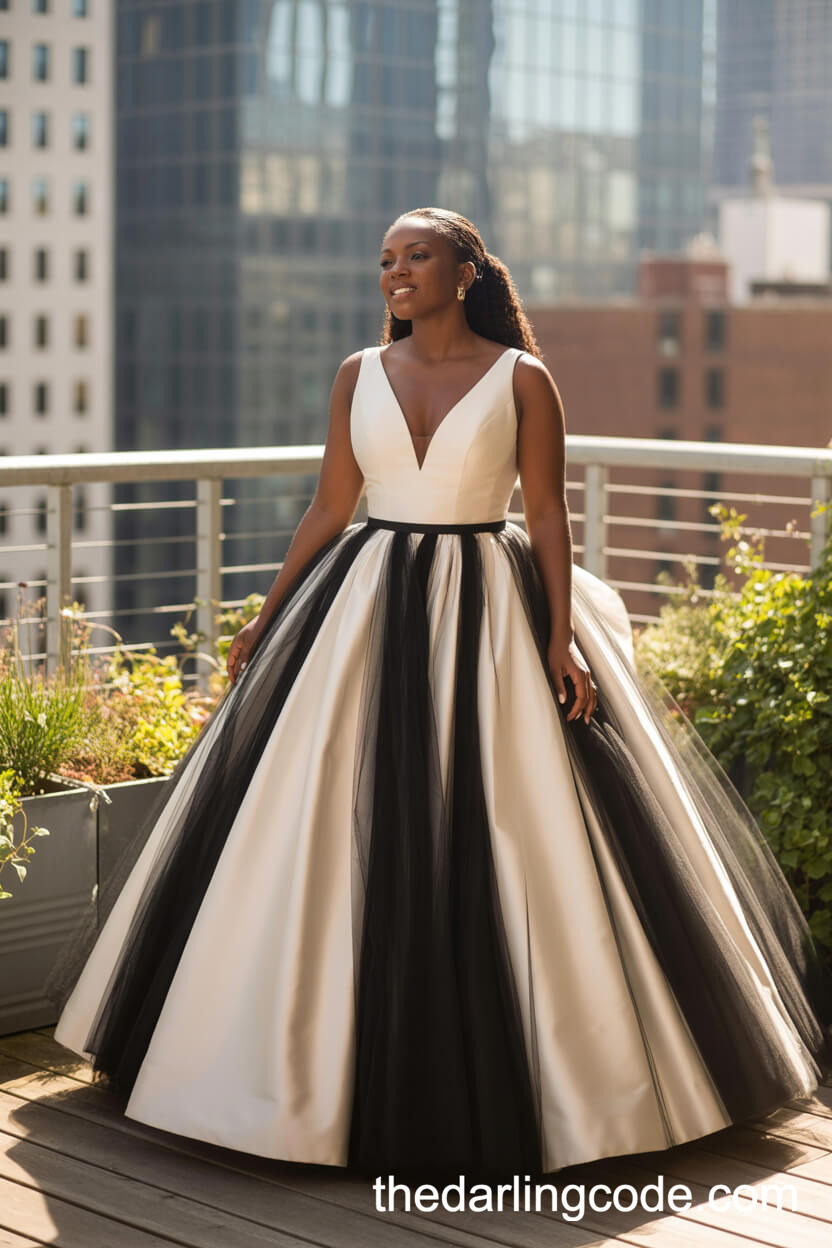 Timeless Black Tulle Ball Gown With White Satin Bodice
