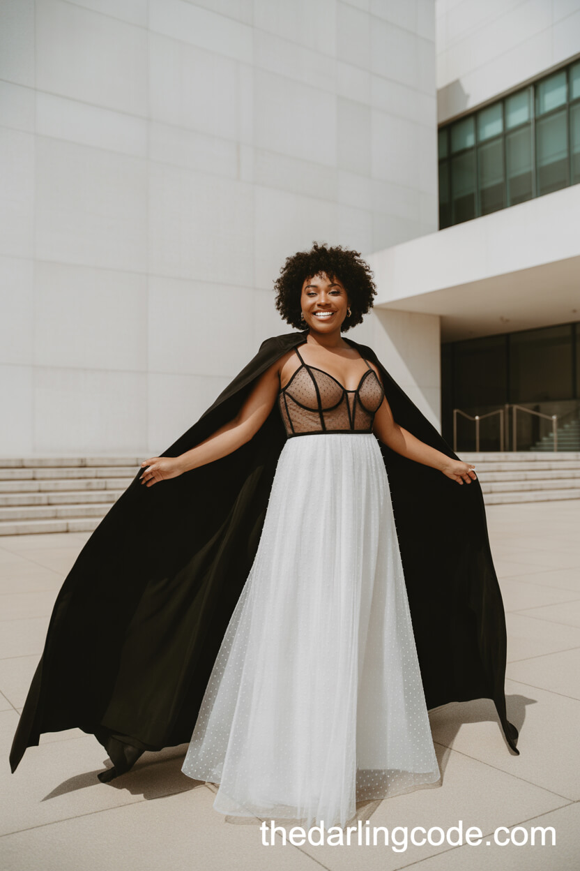 Black And White Gown With Flowing Cape Overlay