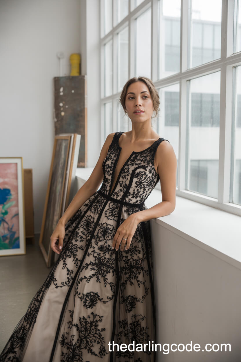 Artistic Floral Embroidered Dress In Black And White