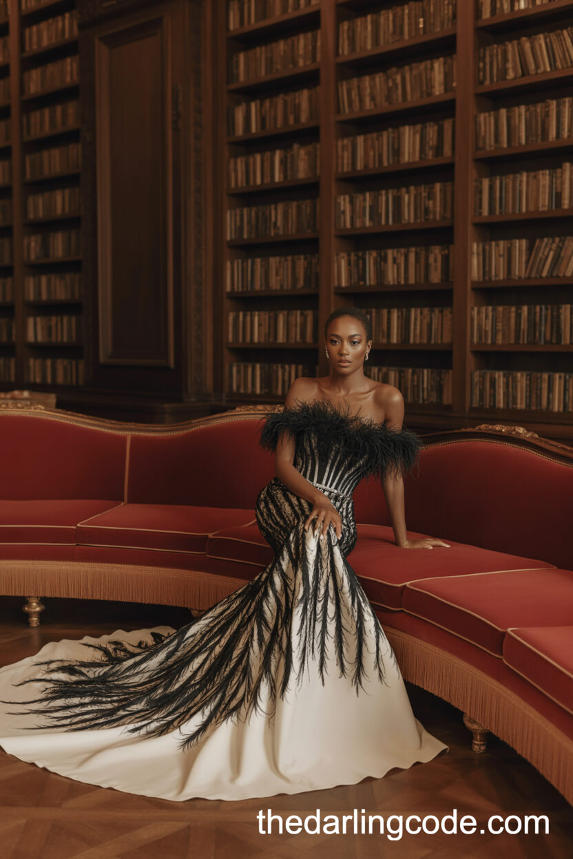 Feather-Embellished Black And White Gown With Dramatic Train