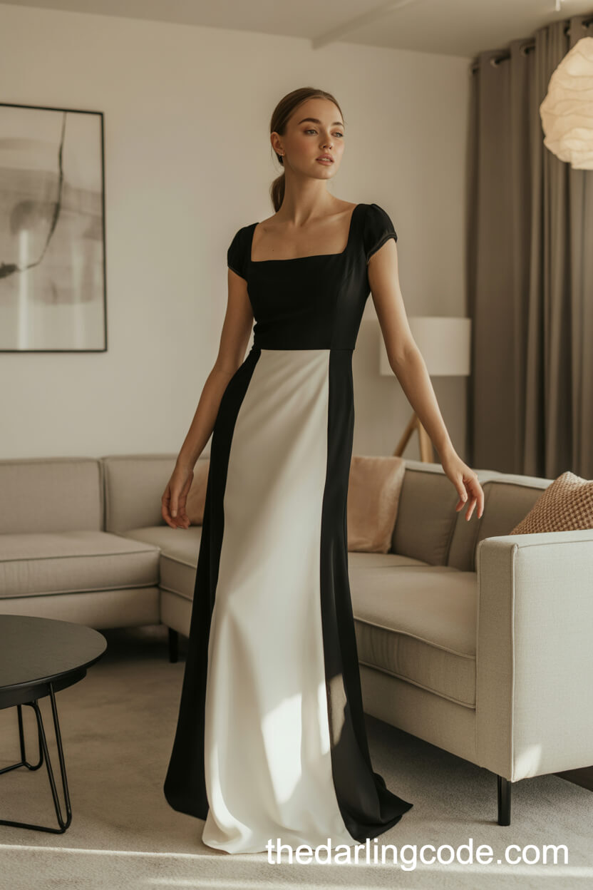 Minimalist Black And White Column Dress With Square Neckline