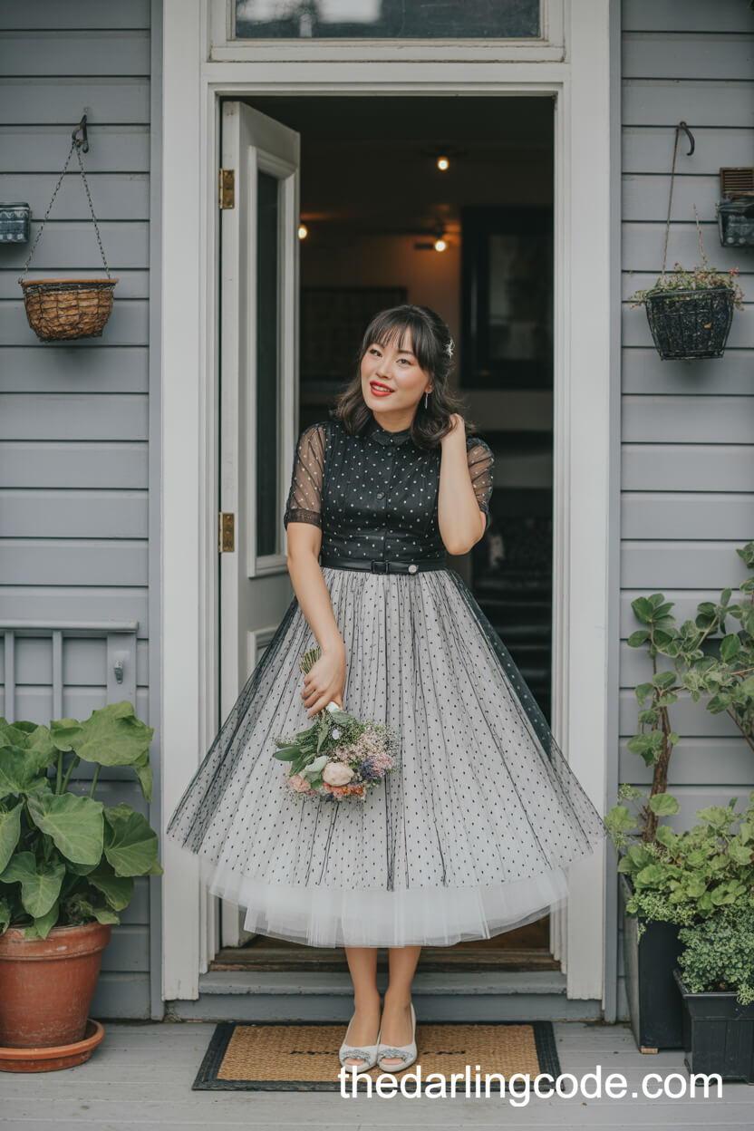 Playful Black And White Polka Dot Tea-Length Wedding Dress