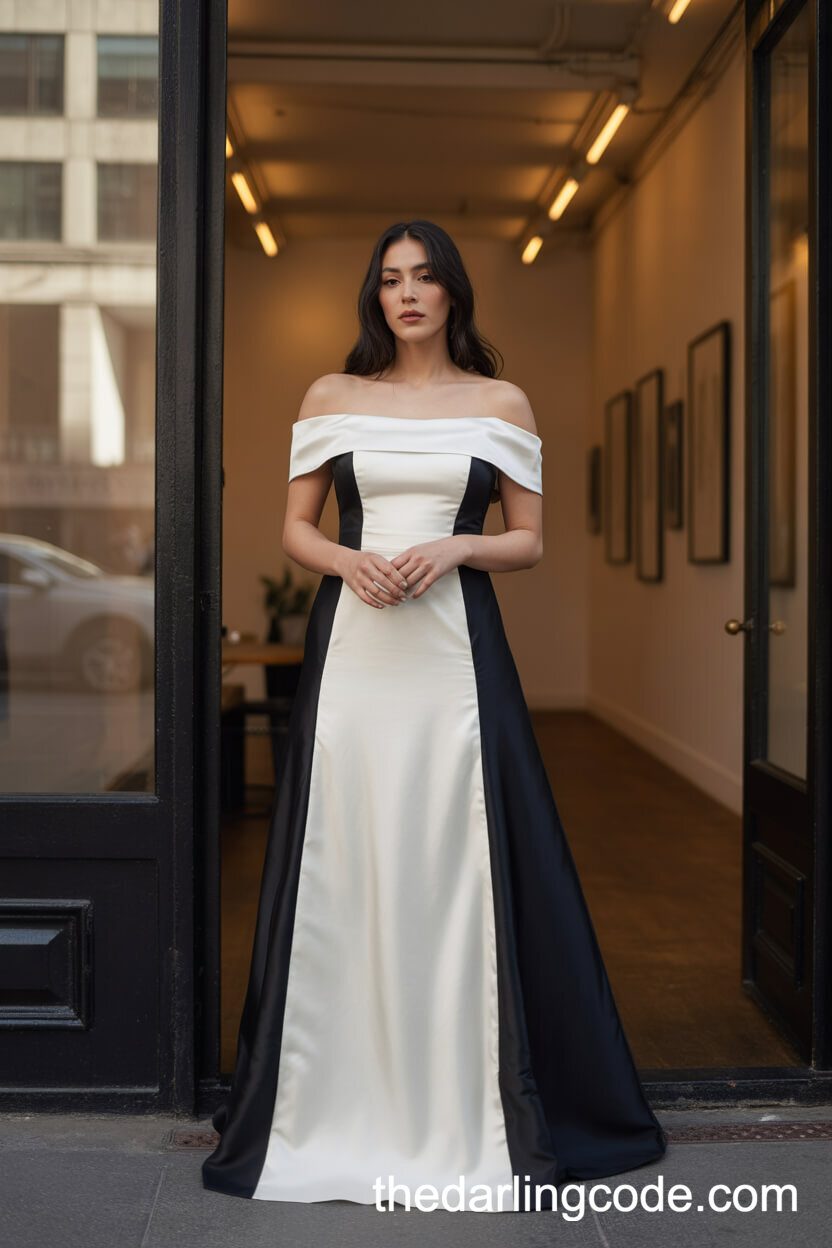 Off-Shoulder Black And White Satin Panel Gown