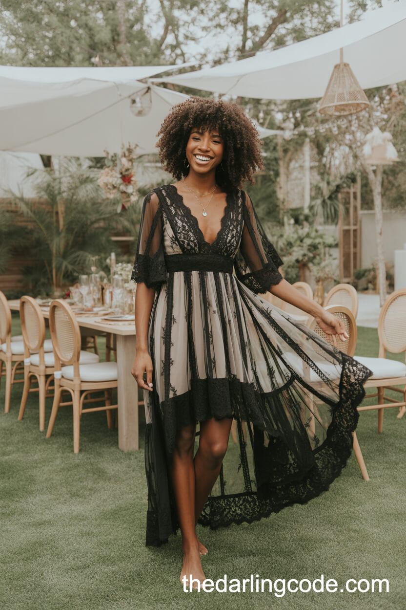 Bohemian Black And White Lace Dress With Flowing Sleeves