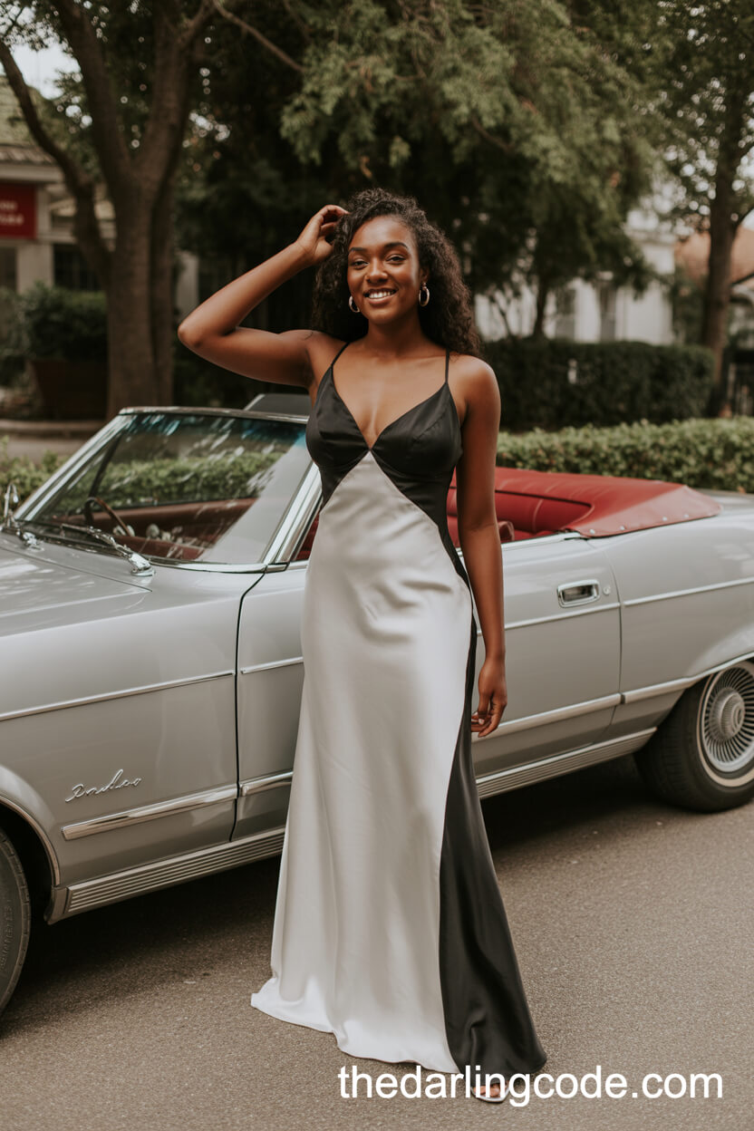 Silky Black And White Slip Dress With Deep V-Neck