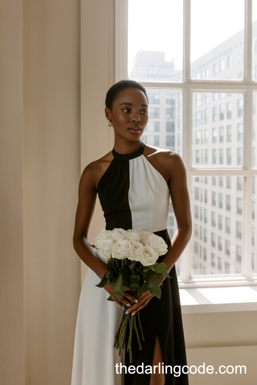 Minimalist Halter-Neck Wedding Dress In Black And White