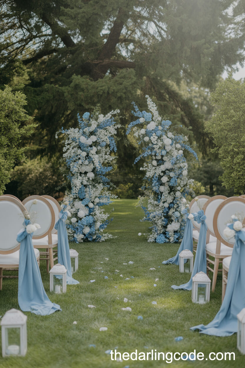 Luxurious Blue And White Garden Wedding Ceremony Idea