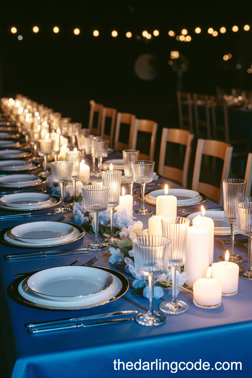 Midnight Blue And White Candlelit Reception Table