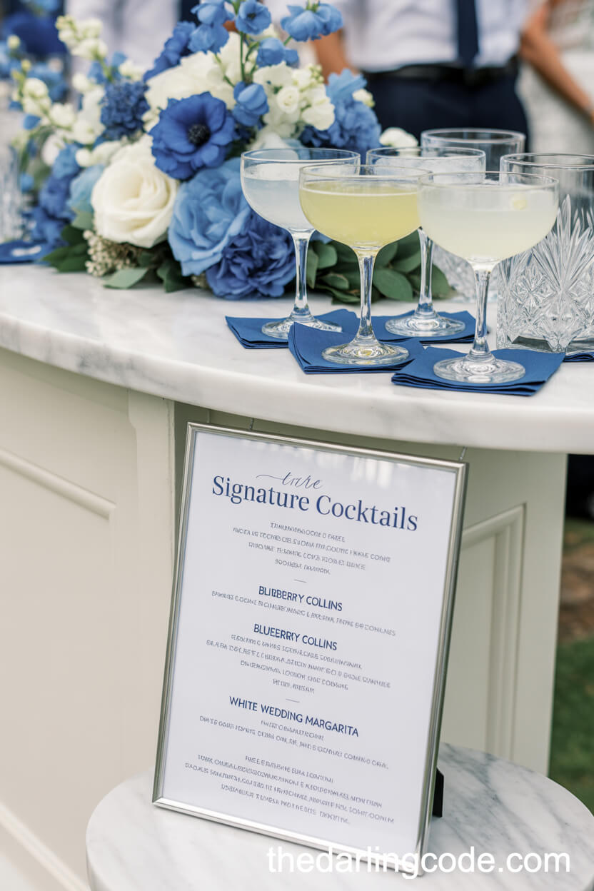 Blue And White Signature Wedding Cocktail Bar