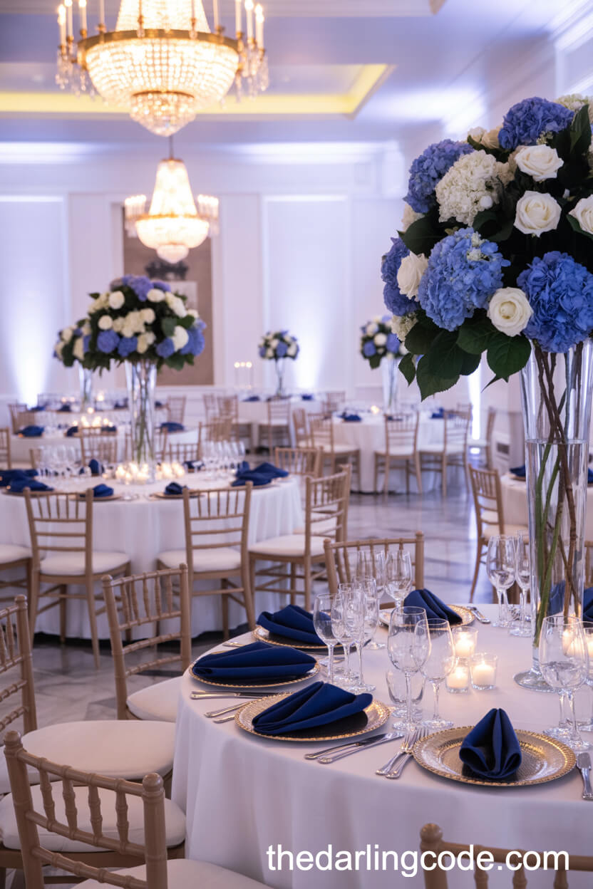 Opulent Ballroom Reception With Sapphire And White Accents