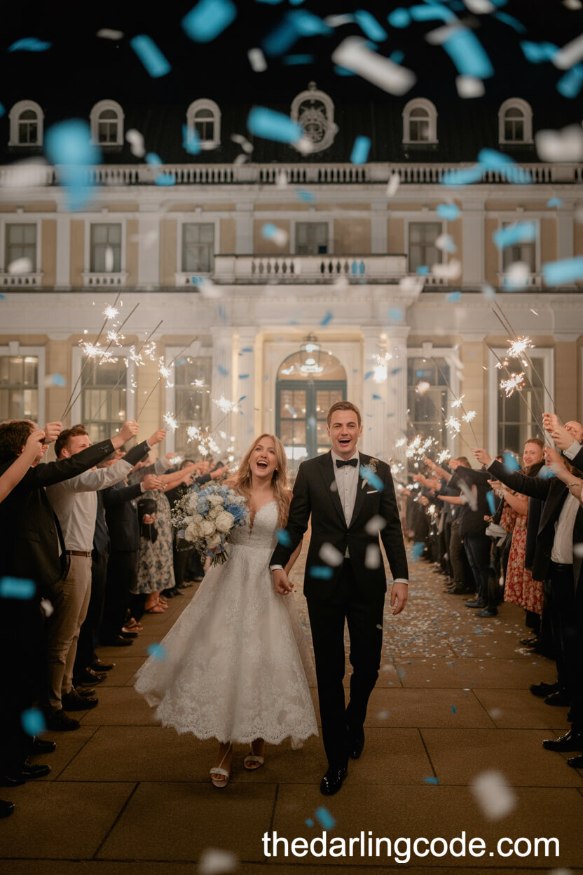 Blue And White Confetti And Sparkler Send-Off