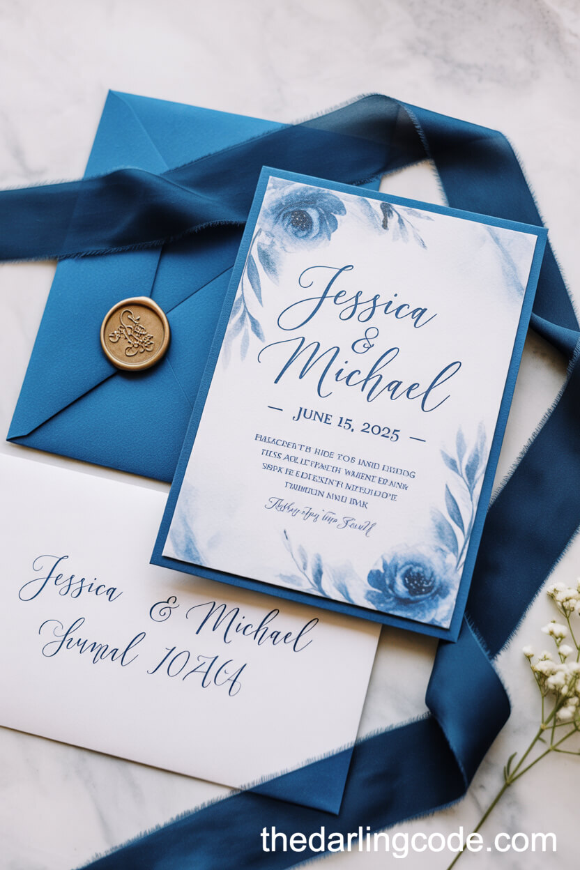 Luxury Blue And White Wedding Invitation Suite