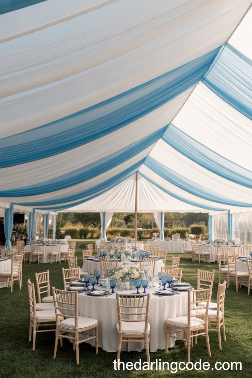 Chic Summer Tent Wedding With Blue And White Drapes
