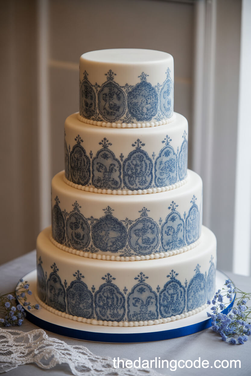 Blue Porcelain-Inspired Wedding Cake Design