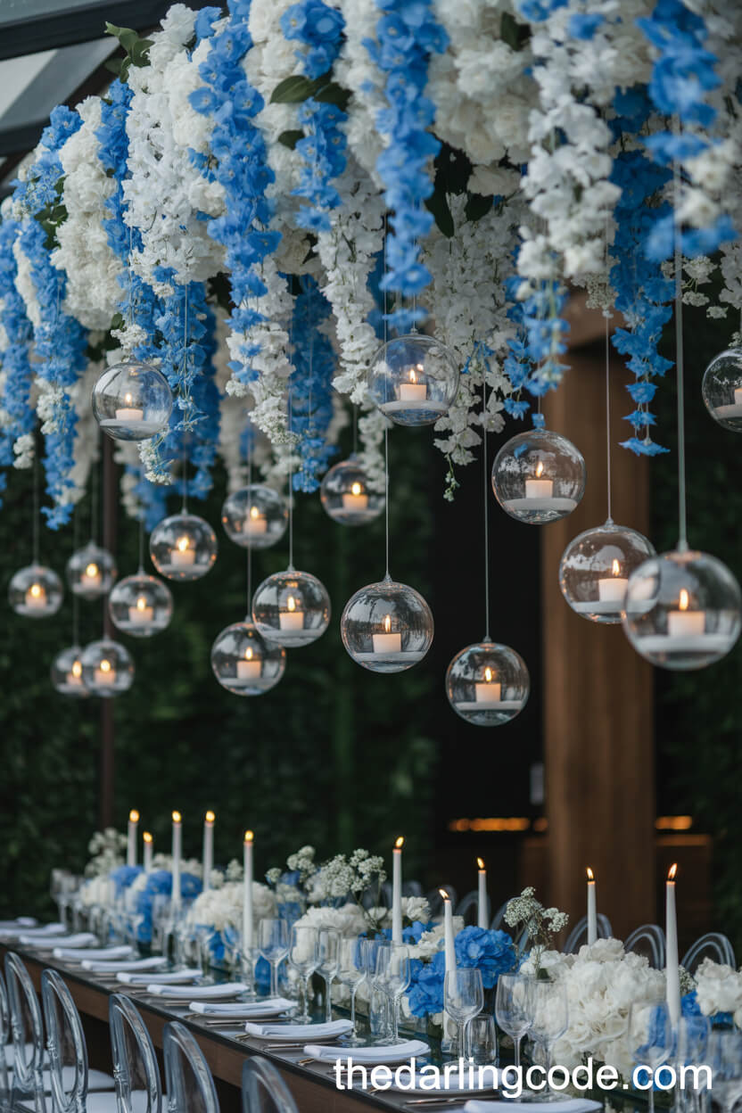 Suspended Blue And White Floral Canopy For Receptions