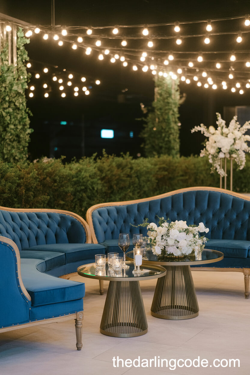 Elegant Blue Velvet Wedding Lounge Area