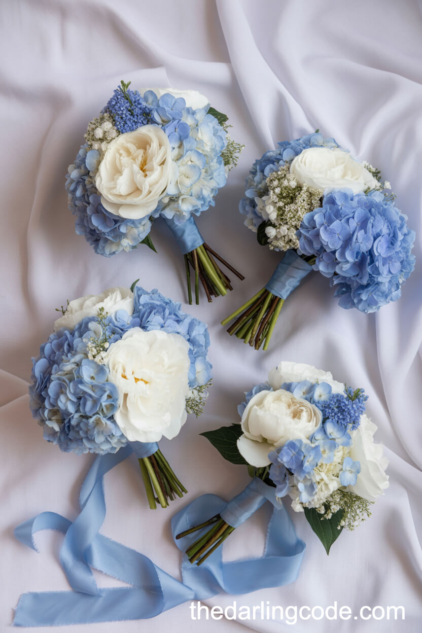 Blue And White Bridesmaid Bouquets Arrangement
