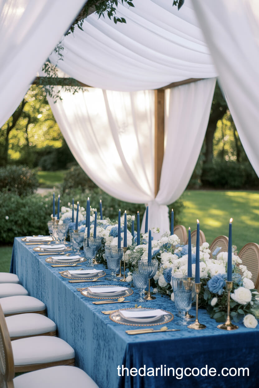 Blue Velvet Banquet-Style Bridal Table